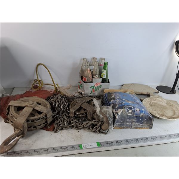 Chain Hoist, Glass Bottles,Christmas Lights & Clips-As Is - PICK UP ONLY