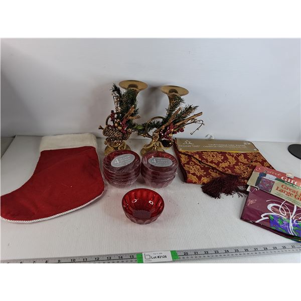 Metal Tuba Christmas Decor, Red Plastic Reusable Bowls, Gift Bag