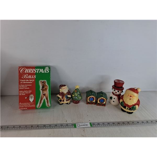 (2) Sets of Christmas Themed Salt & Pepper Shakers, (2) Christmas Candles