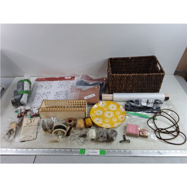 Stencils - Patterns, Wicker Basket 12" x 8 1/2" x 7", Threads, Ceramic Plate, Tissue Holder, Misc