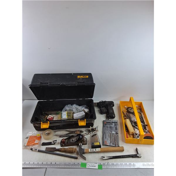 Holt Plastic Tool Box, Black & Decker Cordless Drill, Drill Bits, Wood Plane, Mallet, Pliers, Misc