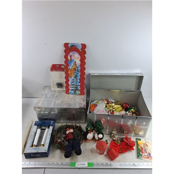 (2) Gift Boxes, Christmas Decorations, Ornaments, Ornament Hangers, Candle Stick