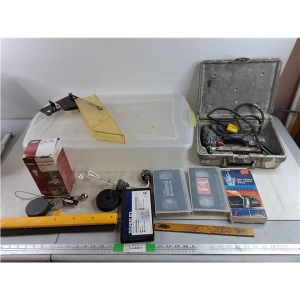 Electric Tacker - Powers On, As Is, Plastic Container 24" x 16" x 6", Squeegee, VHS, Misc - PU
