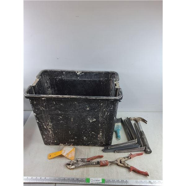 *Plastic Tote 21" x 13" x 17", Vise Grips, Shelf Brackets 9" x 8", Tin Shears, Misc