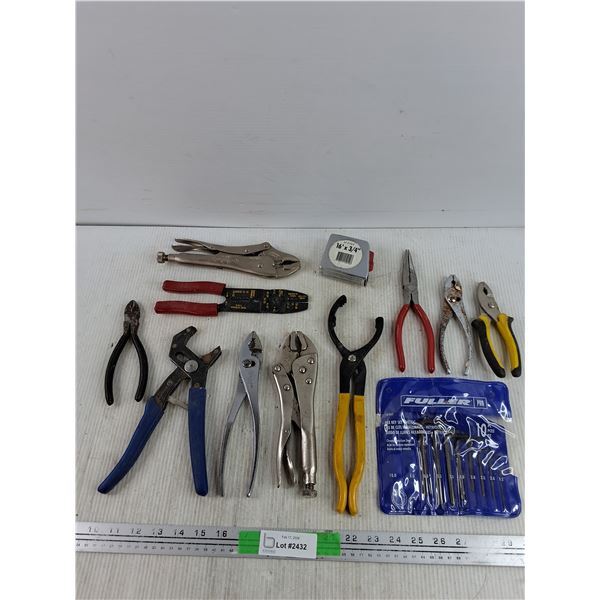 Pliers, Vise Grips, Hex Key Set, Measuring Tape, Wire Cutters, Needle Nose Pliers