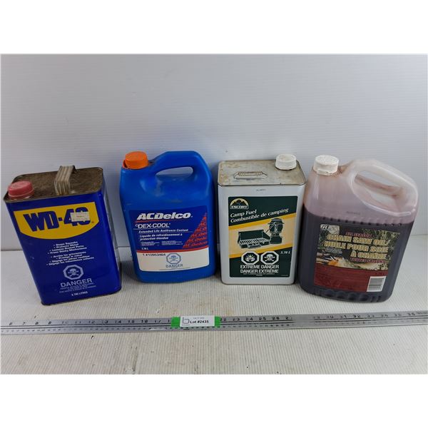 WD40, ACDelco DexCool Antifreeze Coolant, Escort Camp Fuel, All Season Chain Saw Oil - Half Full