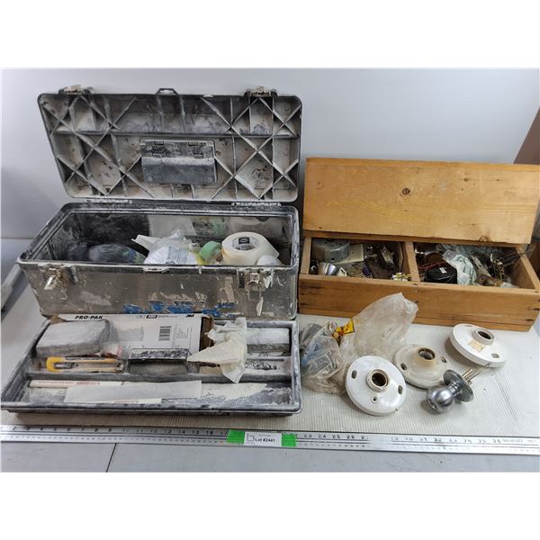 3M Face Masks, Utility Knife, Paper Tapes, Plastic Tool Box 23" x 10" x 8", Bulb Sockets, Misc