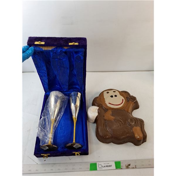 Cement Monkey Figurine & (2) Wine Goblets 9.5", Pickup Preferred