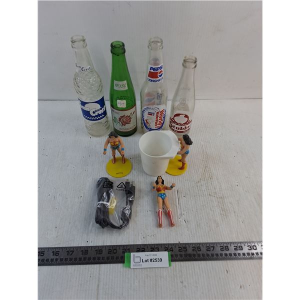 (4) Vintage Pop Bottles, Wonder Woman Figurine Cup Holders, New USB Cable