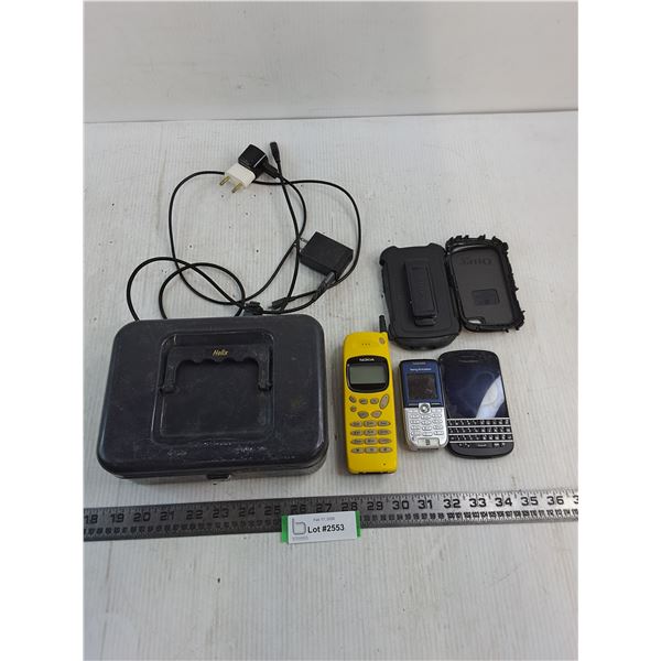 (2) Cell Phones, Cordless Phone, Otter Phone Covers, Helix Lock Box, Adaptors - All As is