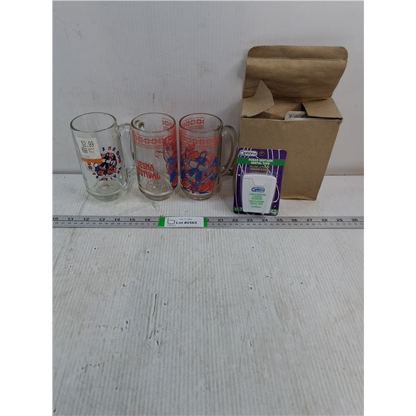 (12) Pkgs. of Dental Tape/floss (NIB) and (3) Vesna Festival Beer Mugs