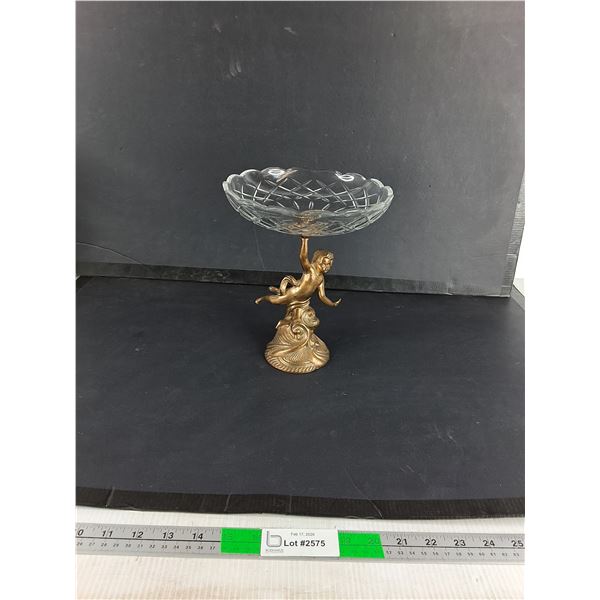 Antique Gilt Metal And Cut Glass Compote Dish-9"x8"