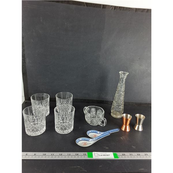(4) Drinking Glasses, Shot Measuring Cups, Porcelain Rice/Soup Spoons, Misc