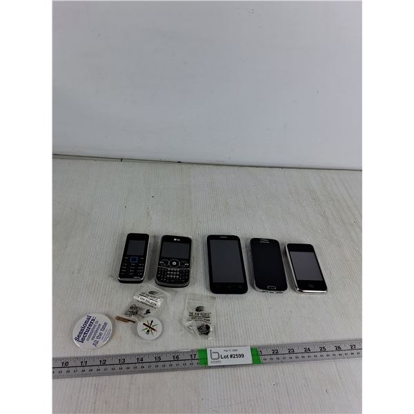(5) Cellphones (as is, for parts), Buttons, Pins