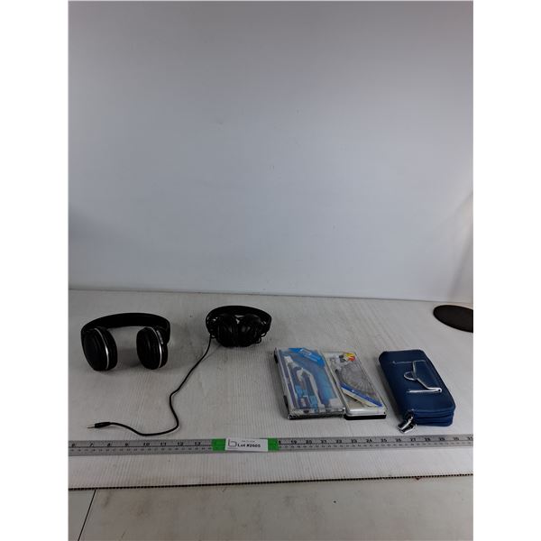 (2) Headphones (as is), (2) Geometry Sets, Blue Wallet
