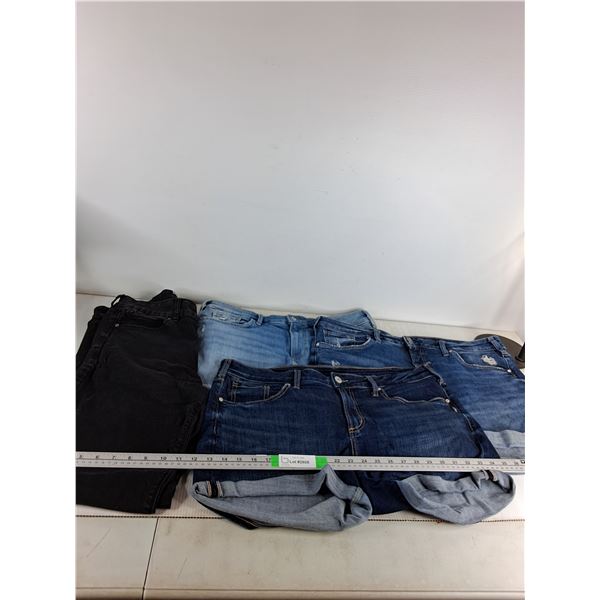 (3) Silver Jean Shorts, Black Bottoms Up Pants ( all sizes unknown, across waistband 17-20")
