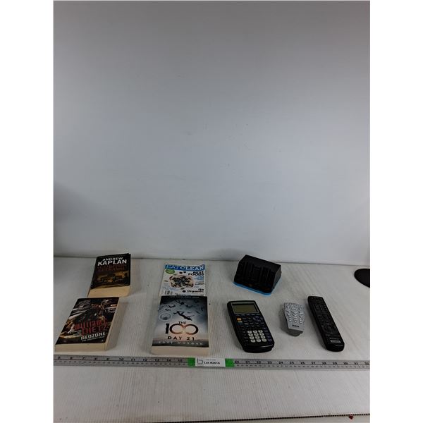 (3) Novels, (2) Remotes,TI-83  Texas Instrument Mathematical Graphing Calculator (needs batteries)