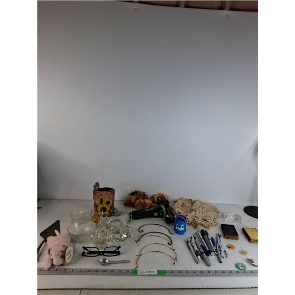 Brass Handles, Glasses, Various Pens,  Pig Stuffie, Misc