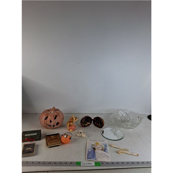 Decorative Pumpkin, Deck of Cards, Glass Assortment Bowl, Misc