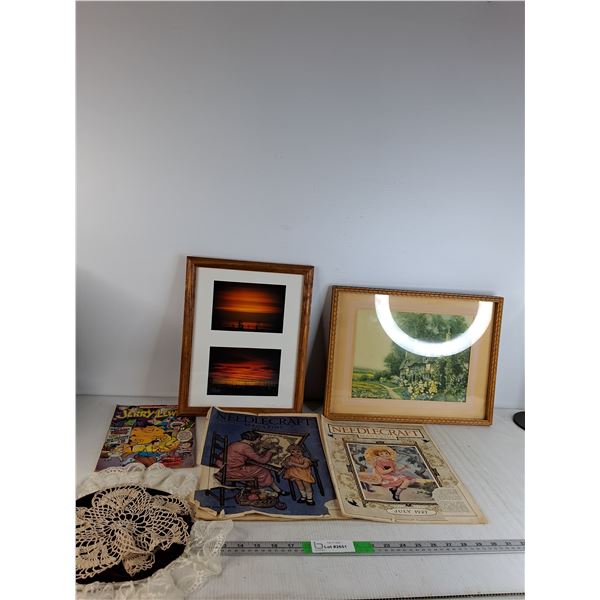 (2) Picture Frames, Antique Newspaper, Jerry Lewis Comic Book, Misc
