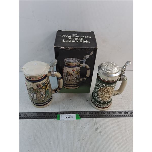 (2) Vintage Avon Ceramic Beer Steins (Football w/Original Box & English Setter/Rainbow Trout)
