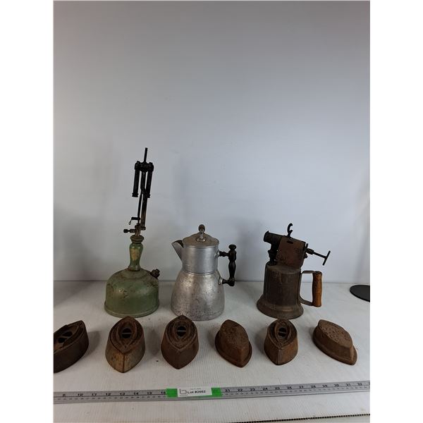 Vintage Gas Table Lamp, Vintage Campfire Tea Pot, Vintage Blow Torch,Vintage Cast Iron Clothes  Iron