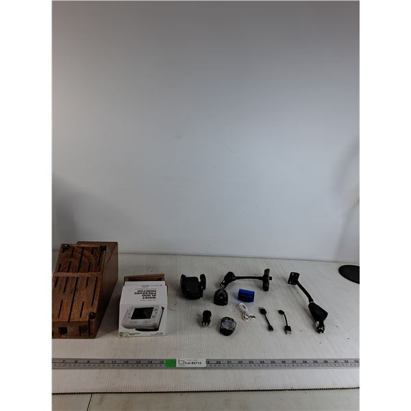 Wooden Knife Block, Blood Pressure Monitor,  Charging Cords, Misc
