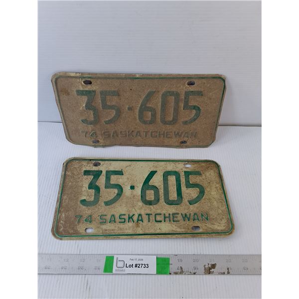(2) Antique Matching Saskatchewan License Plates- 1974