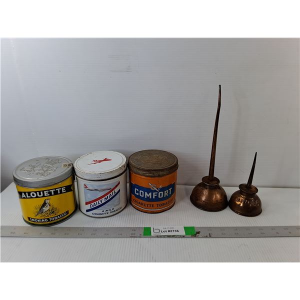 (3) Vintage Tobacco Tins & Thumb Pump Oil Cans
