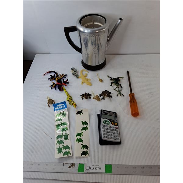 West Bend Percolator- No Cord, Reptile Figurines, Calculator- Working, Misc.
