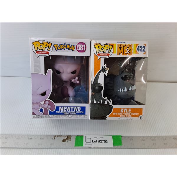 (2) Funko Pop Figurines- Despicable Me 3 Kyle & Pokemon Mewtwo, NIB