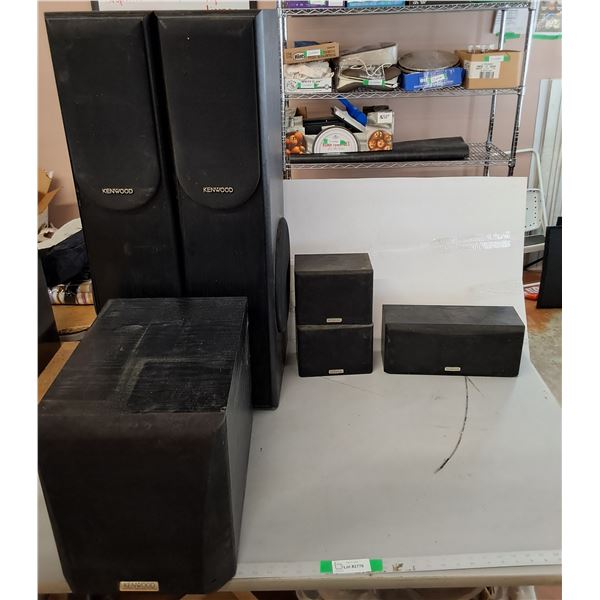 (6) Kenwood Speakers & Subwoofer- Powers On, Up to 35.5", Cannot Ship. Rack Not Included