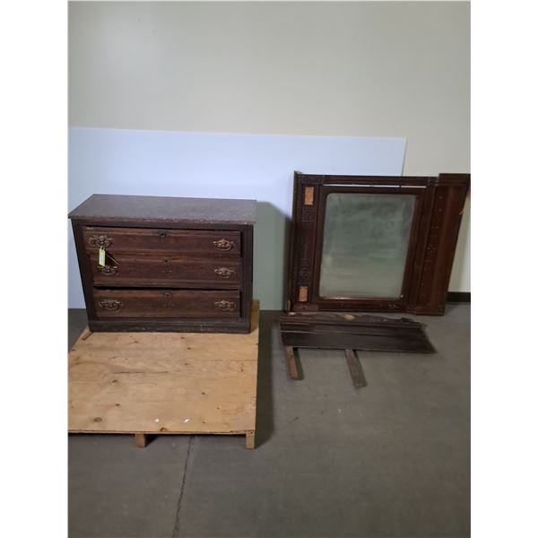 Pre-1930's East Lake Wooden Dresser w/Granite Top (Loose) - 40x16x29", Mirror 45x40" - Pickup Only