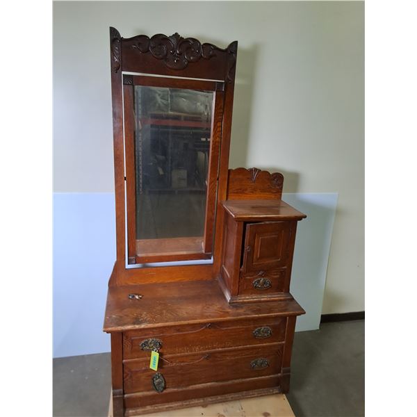 Circa 1910 Wooden Dresser w/Jewelry Box Attached (1 Caster Off) - 44x18x80" ( cannot ship)