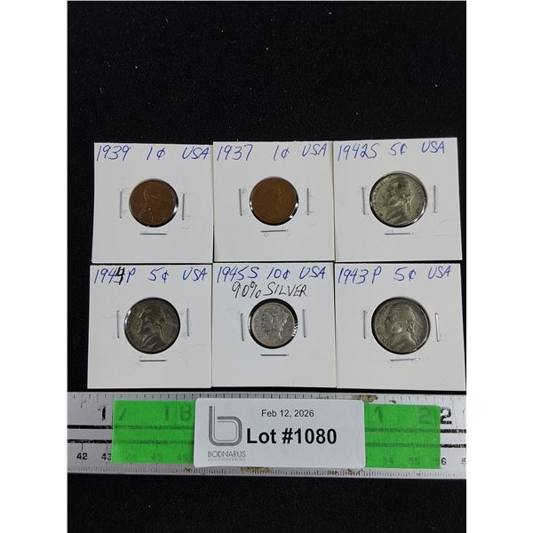 Vintage 1937-1944 US 1 & 5 Cents Coins, 1945 US 10 Cents Coin - 90% Silver Collectible