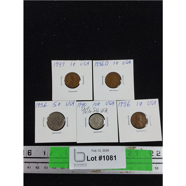 Vintage 1936 - 1937 USA 1 Cent Coins, 1936 USA 5 Cents Coin, 1940 USA 90% Silver 10 Cents Coin