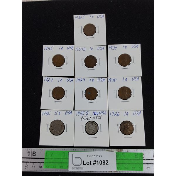 Antique 1926 - 1935 USA Coins - 1c, 2c & 90% Silver 10 Cents Coin - Collectible