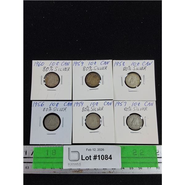 Vintage 1954 - 1960 Canadian 80% Silver 10 Cents Coins - Collectible