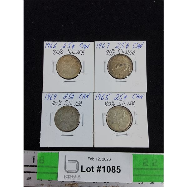 Vintage 1964 - 1967 Canadian 80% Silver 25 Cents Coins - Collectible