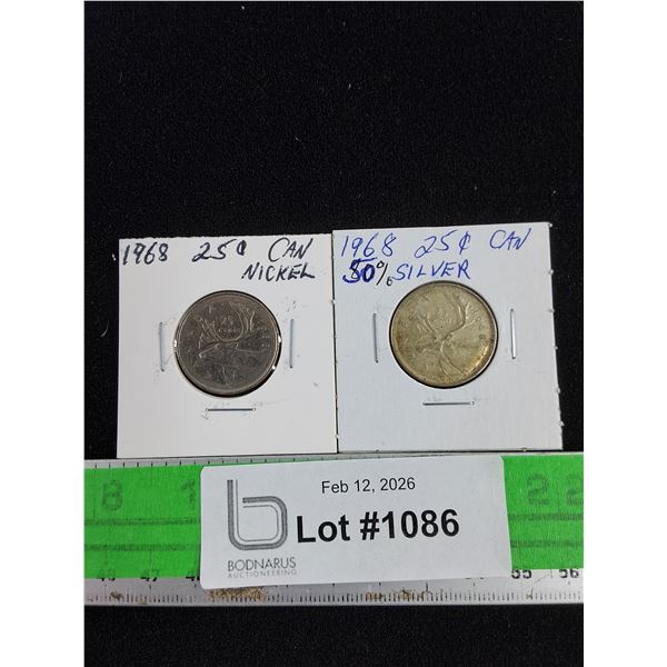 Vintage 1968 Canadian 25 Cents Coins - Nickel & 50% Silver - Collectible