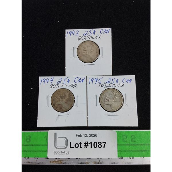 Vintage 1943 - 1945 Canadian 80% Silver 25 Cents Coins - Collectible