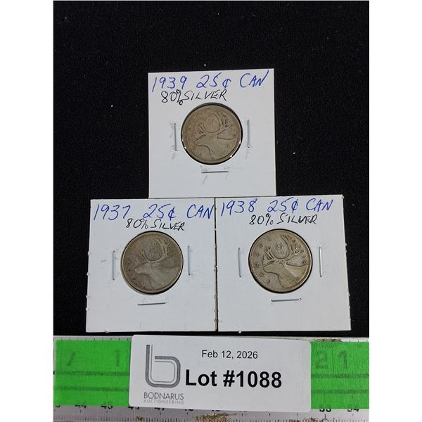 Vintage 1937 - 1939 Canadian 80% Silver 25 Cents Coins - Collectible