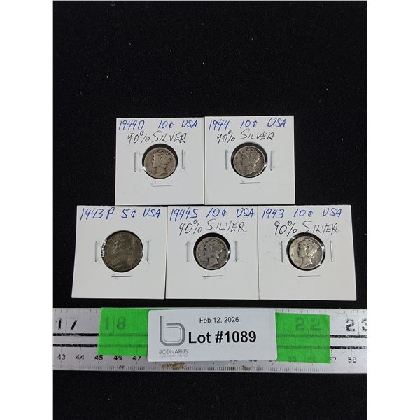 Vintage 1943-1944 USA 90% Silver 10 Cents Coins, 1943 USA 5 Cents Coin - Collectible