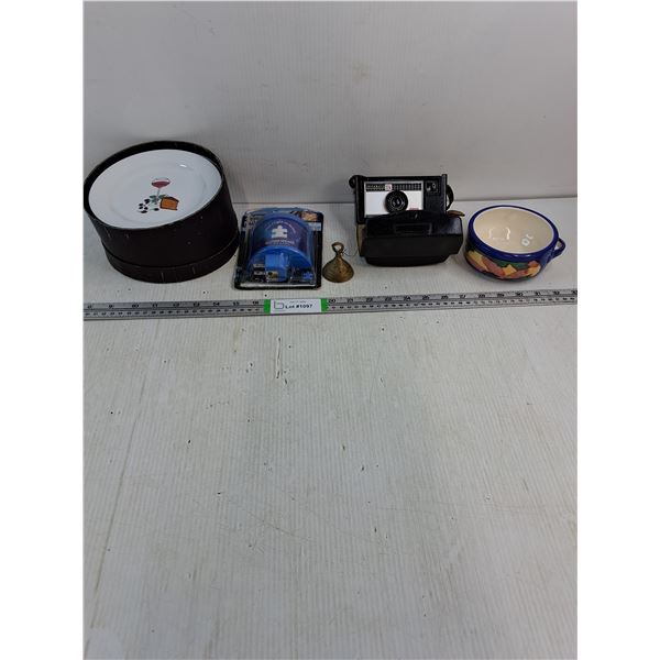 (6) Wine&Cheese Plates in Container,Kodak Camera,Night Light,Brass Bell and Ceramic Bowl