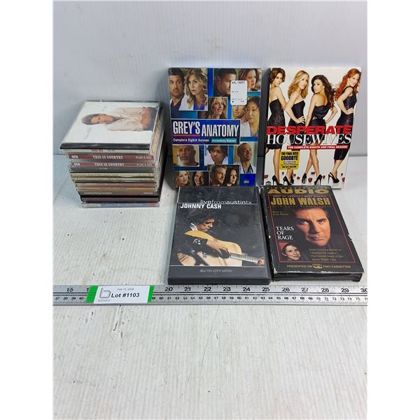 (9) CD's-Mostly Country,8th Year of Grey's Anatomy and Desperate Housewives,Johnny Cash DVD,Audio C