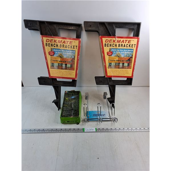 (2) Dekmate Bench Brackets,Sunflower Solar Stake and Towel Holder