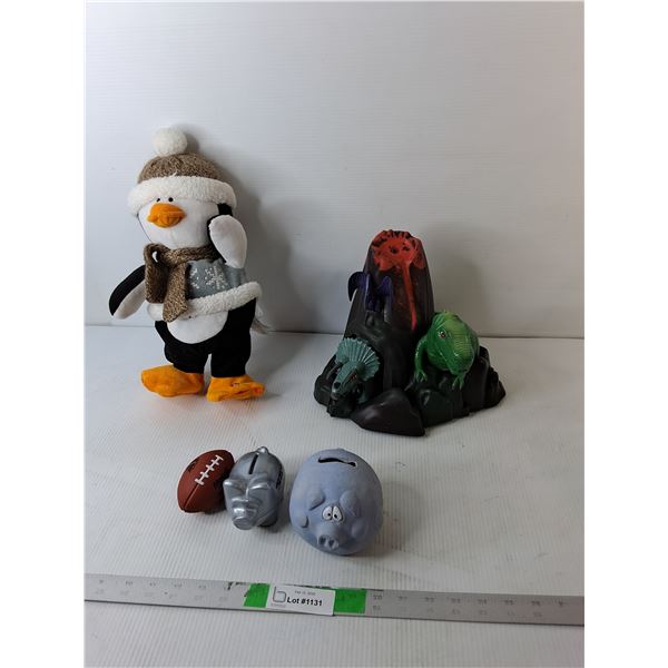 Young Living Dinosaur Diffuser, Animated Penguin- Both As Is, Coinbanks, Toy Football