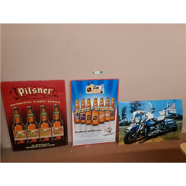 (3) Cardboard Signs- Harley Davidson, Labatt Blue, Pilsner Up to 36" x 24", Cannot Ship