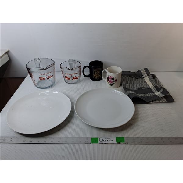 (2) Fire King Measuring Cups, Mugs, Plates, Placemat