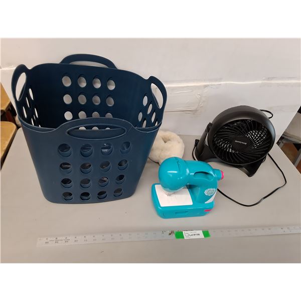 (2) Laundry Baskets, Tabletop Fan- Powers On, Earmuffs, Child's Sewing Machine-PICK UP ONLY